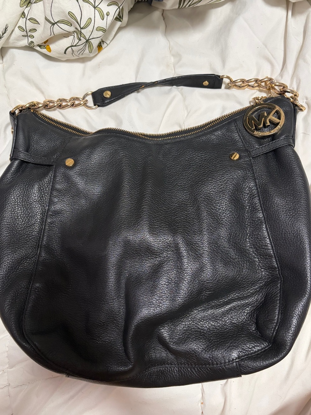 Michael Kors Black Leather Shoulder Hobo with Gold Chain Detail